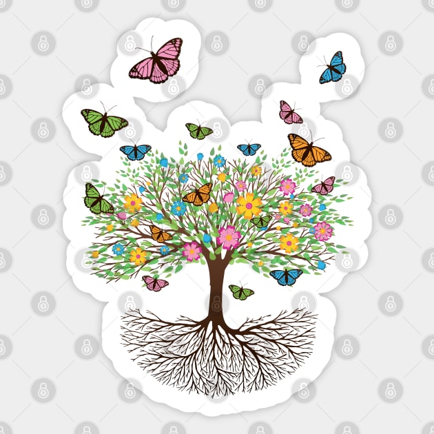 Tree of life with butterflies and flowers Sticker by Bwiselizzy